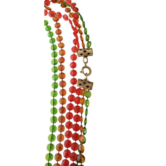 Red Green Orange Plastic Fixed Bead Multi Strand Necklace 50" Long, E219 - Picture 4 of 7